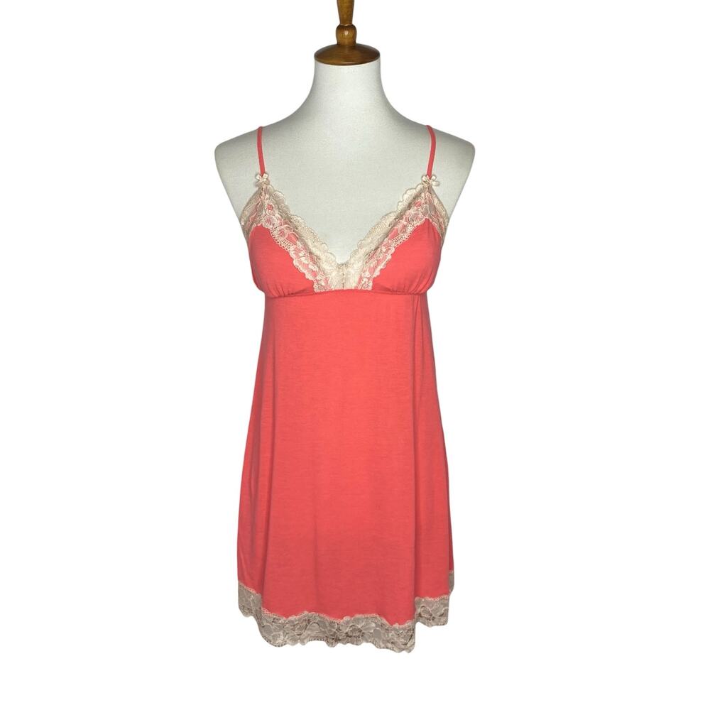 Victoria's Secret Babydoll Nightie Coral Pink Lace Trim Knit Medium Coquette